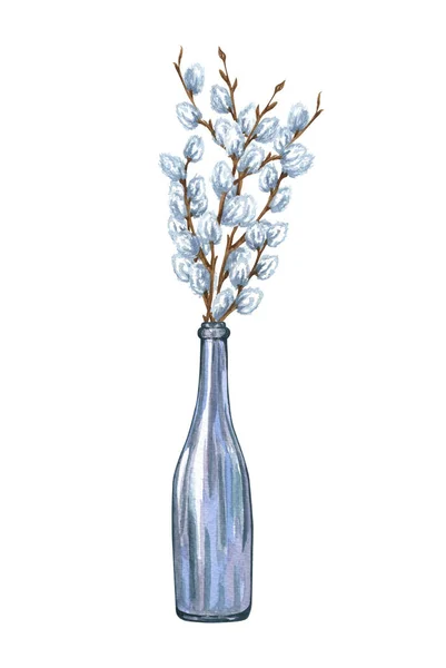 Watercolor bunch of pussy willow twigs in a glass bottle. Spring bouquet. Easter decorations. Hand drawn illustration isolated on white background — Zdjęcie stockowe