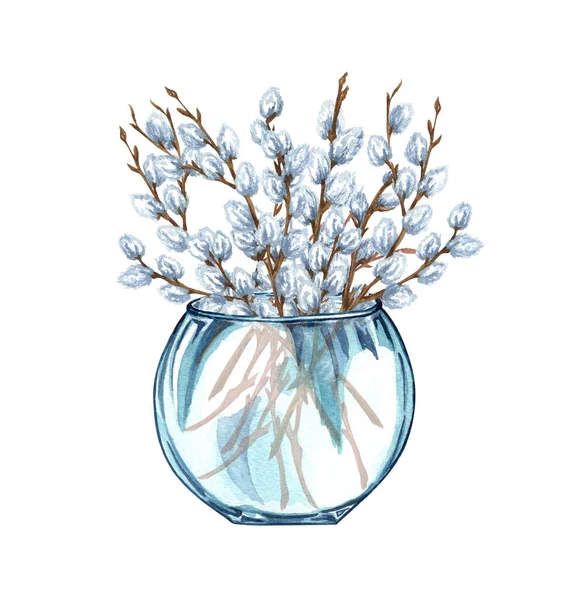 Watercolor bunch of pussy willow twigs in a glass vase. Spring bouquet. Easter decorations. Hand drawn illustration isolated on white background — Fotografia de Stock