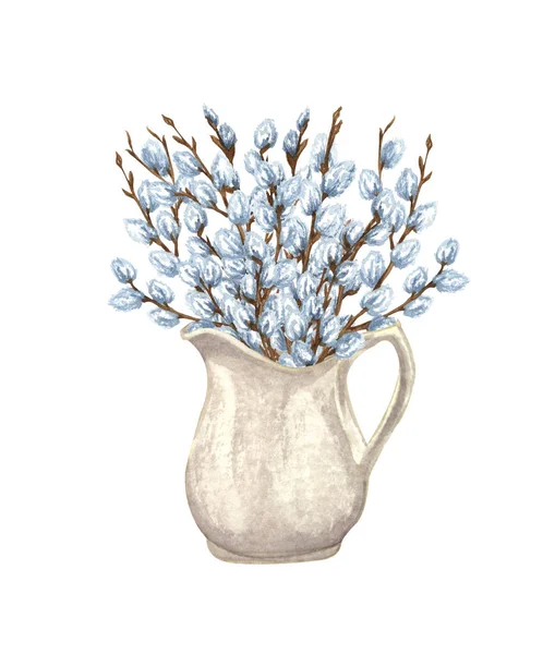 Watercolor bunch of pussy willow twigs in a white jar. Spring bouquet. Easter decorations. Hand drawn illustration isolated on white background. — Foto Stock