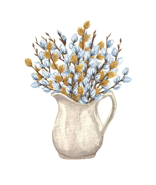 Watercolor bunch of pussy willow twigs in a white jar. Spring bouquet. Easter decorations. Hand drawn illustration isolated on white background. — ストック写真