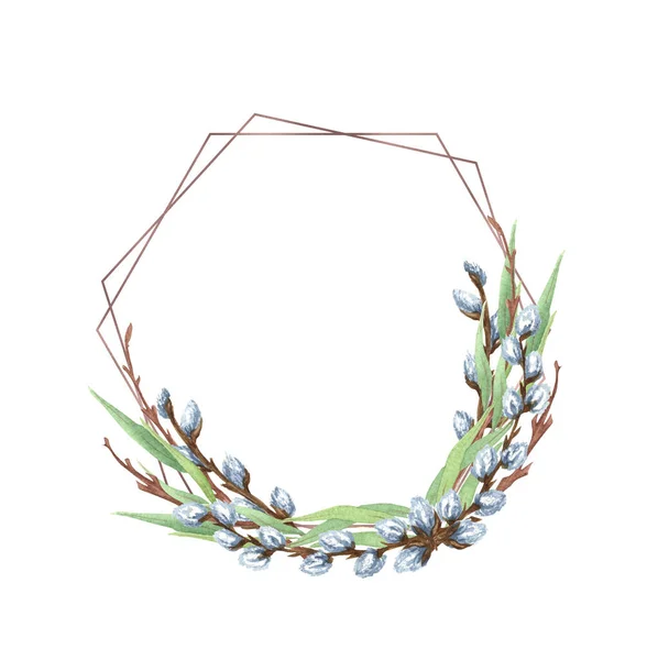 Watercolor wreath of pussy willow twigs. Spring bouquet. Easter decorations. Hand drawn illustration isolated on white background — Stockfoto