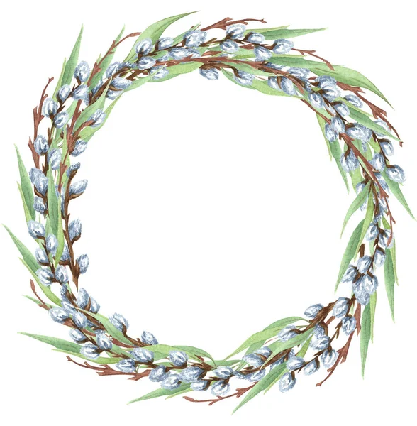 Watercolor wreath of pussy willow twigs. Spring bouquet. Easter decorations. Hand drawn illustration isolated on white background — Stockfoto