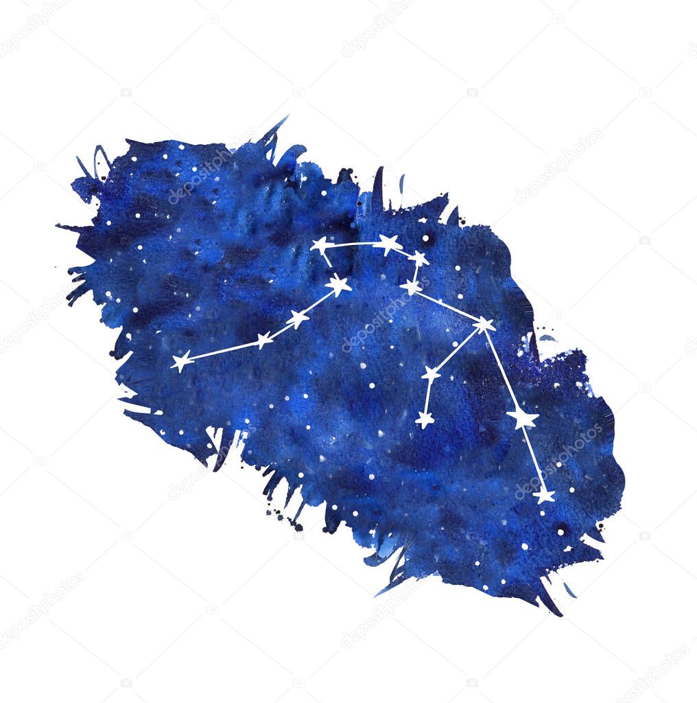 Aquarius watercolor zodiac signs. Hand drawn stars on deep blue galaxy background illustration