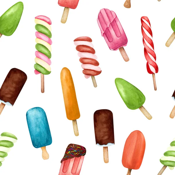 Watercolor seamless pattern fruit icecream a cone. Hand painted sweet summer dessert. Ice cream seamless background. — Stock Photo, Image