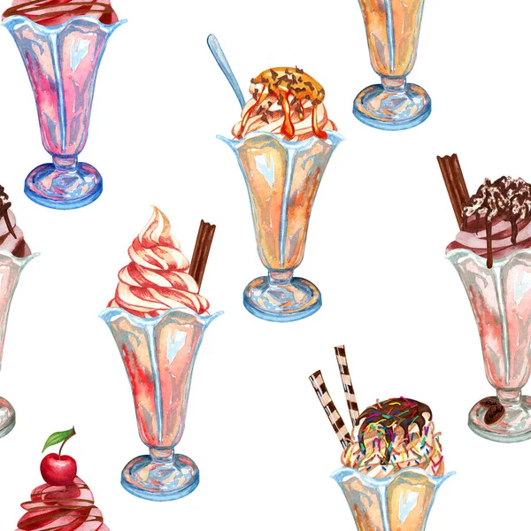 Watercolor seamless pattern fruit icecream a cone. Hand painted sweet summer dessert. Ice cream seamless background. — Stock Photo, Image