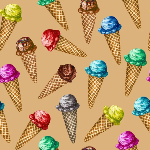 Akvarell zökkenőmentes minta gyümölcs fagylalt egy kúp. Kézzel festett édes nyári desszert. Fagylalt zökkenőmentes háttér. — Stock Fotó