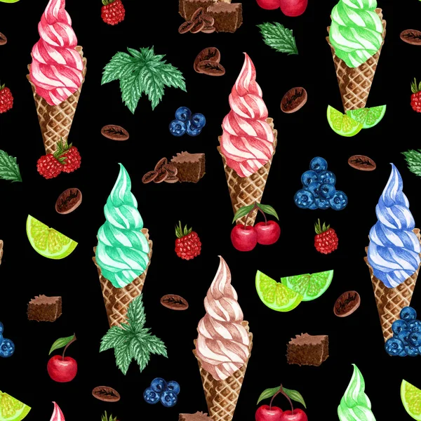 Watercolor seamless pattern fruit icecream a cone. Hand painted sweet summer dessert. Ice cream seamless background. — Stock Photo, Image