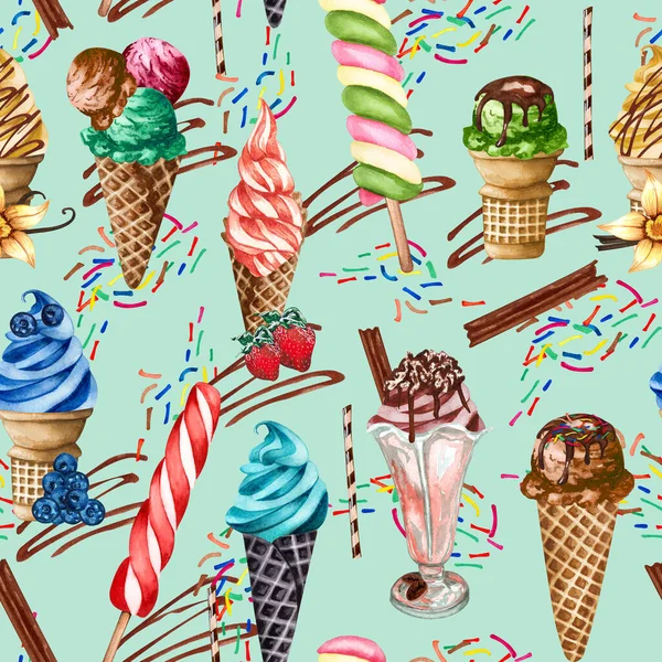 Акварель бесшовный узор фруктовый мороженое конус. Сладкий летний десерт. Мороженое бесшовный фон. — стоковое фото