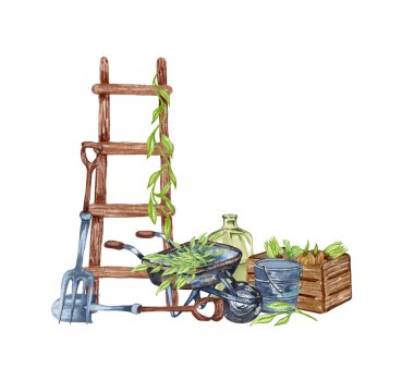 Bahçe eşyalarının suluboya seti merdiven, ahşap kutu, sulama kutusu, saksı, araba. Bahçe aletleri. Bahar bahçesi çizimi.