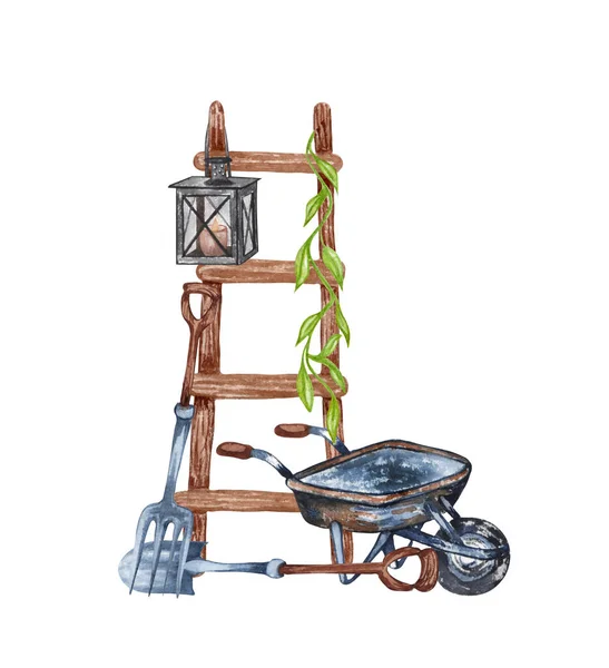 Watercolor set of garden objects a ladder, wooden box, , watering can, flowerpot, cart. Gardening tools. Spring garden illustration. — Stock Photo, Image