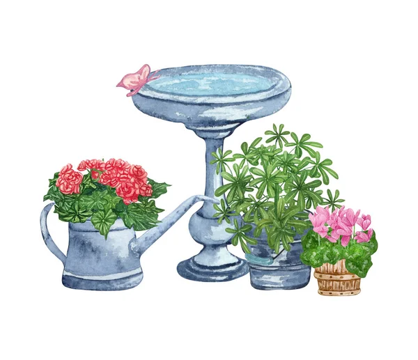 Akvarelluppsättning trädgårdsobjekt fågelmatare, vattenkanna, blomkruka, blommor. Trädgårdsredskap. Vårträdgård illustration — Stockfoto