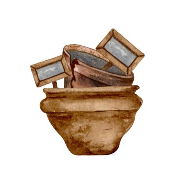 Bahçe eşyalarının suluboya seti saksı, tohumlar. Bahçe aletleri. Bahar bahçesi çizimi