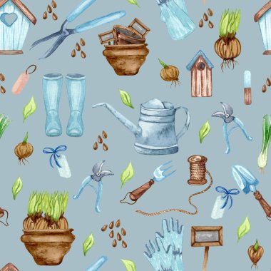 Bahçe aletlerinin ve saksı bitkilerinin suluboya desenleri. Bahçe arka planı