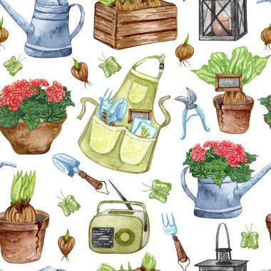 Bahçe aletlerinin ve saksı bitkilerinin suluboya desenleri. Bahçe arka planı
