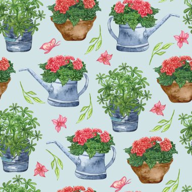 Bahçe aletlerinin ve saksı bitkilerinin suluboya desenleri. Bahçe arka planı