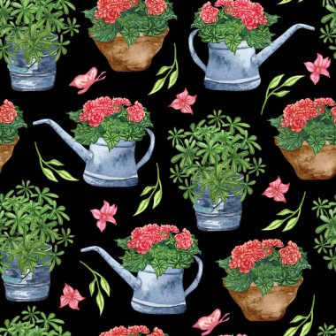 Bahçe aletlerinin ve saksı bitkilerinin suluboya desenleri. Bahçe arka planı