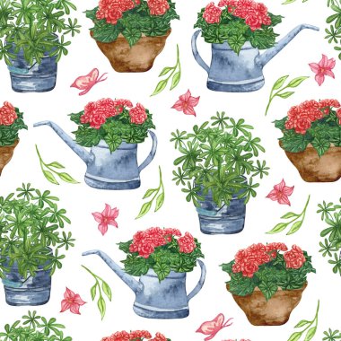 Bahçe aletlerinin ve saksı bitkilerinin suluboya desenleri. Bahçe arka planı