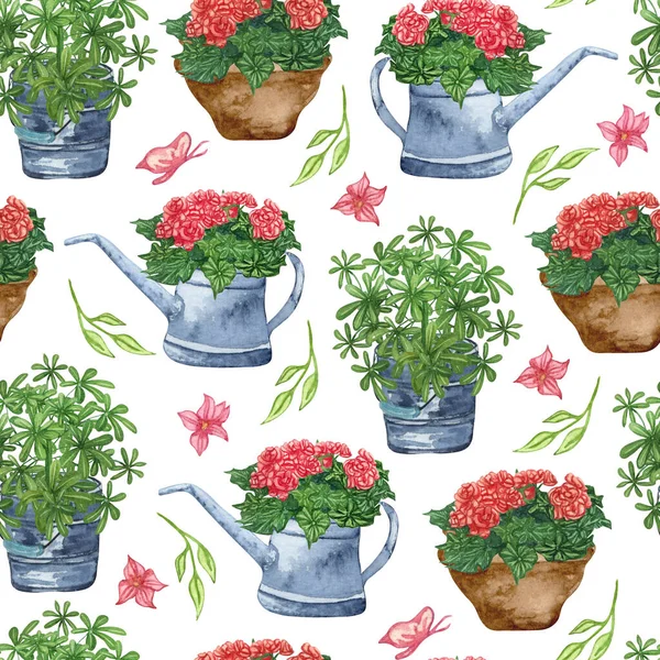 Bahçe aletlerinin ve saksı bitkilerinin suluboya desenleri. Bahçe arka planı