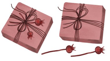 Fiyonklu hediye kutuları. El yapımı kağıtta hediyelerin el çizimi. nötr renkler.