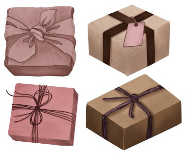 Fiyonklu hediye kutuları. El yapımı kağıtta hediyelerin el çizimi. nötr renkler.