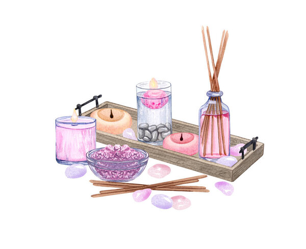 watercolor SPA set. Bath collection of oil, flower, salt, towel, stones, candels, aroma stiks.