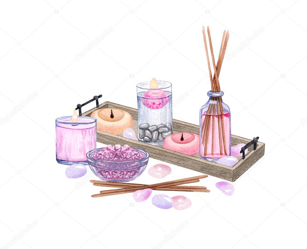 watercolor SPA set. Bath collection of oil, flower, salt, towel, stones, candels, aroma stiks.