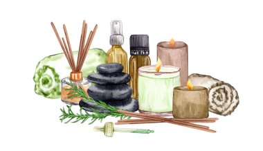 Suluboya SPA seti. Yağ, çiçek, tuz, havlu, taşlar, mumlar, aroma çubukları..