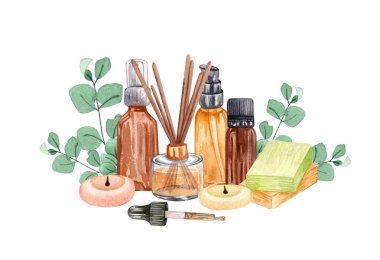 Suluboya spa seti. Yağ, çiçek, tuz, havlu, taşlar, mumlar, aroma çubukları.