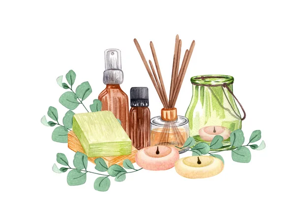 Akvarell fürdő készlet. Fürdő gyűjtemény olaj, virág, só, törölköző, kövek, gyertyák, aromabotok — Stock Fotó