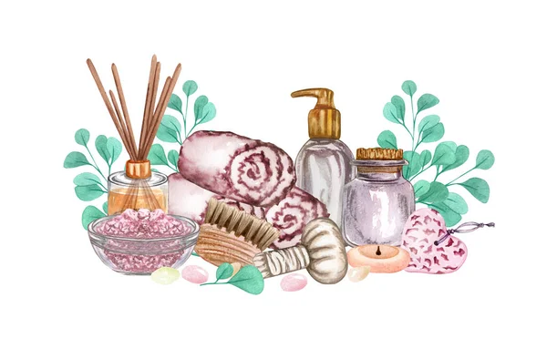 Zestaw do kąpieli akwarelowych. Kolekcja kąpieli olejków, kwiatów, soli, ręczników, kamieni, świec, paluszków aromatycznych — Zdjęcie stockowe