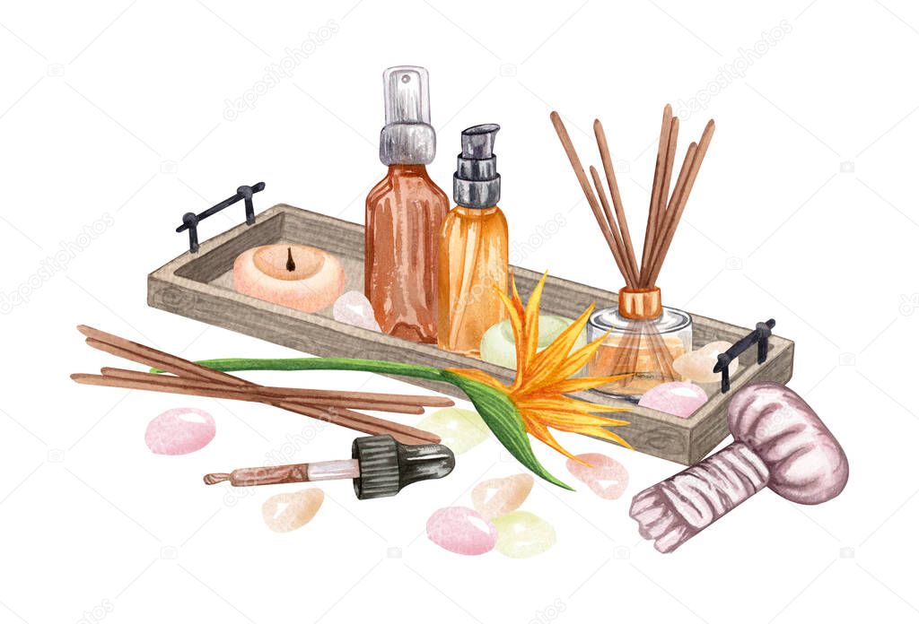 watercolor spa set. Bath collection of oil, flower, salt, towel, stones, candels, aroma sticks