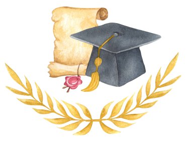 Diplomalı suluboya mezuniyet şapkası ve defne çelengi. El çizimi okul çizimi. Not verme