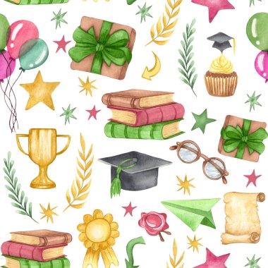 Mezuniyet kusursuz bir düzen. Mezuniyet şapkası, çiçekler ve bir yığın kitap. El çizimi okul malzemeleri geçmişi.