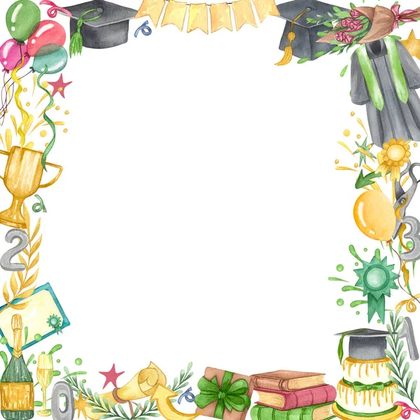 Акварель Окончательная рамка выпускной шапки, цветы, воздушные шары и стопка книг. Ручная иллюстрация. — стоковое фото