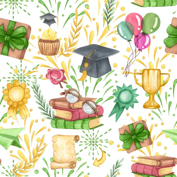 Graduation seamless pattern. graduation cap, flowers and stack of books. Hand drawn school supplies background