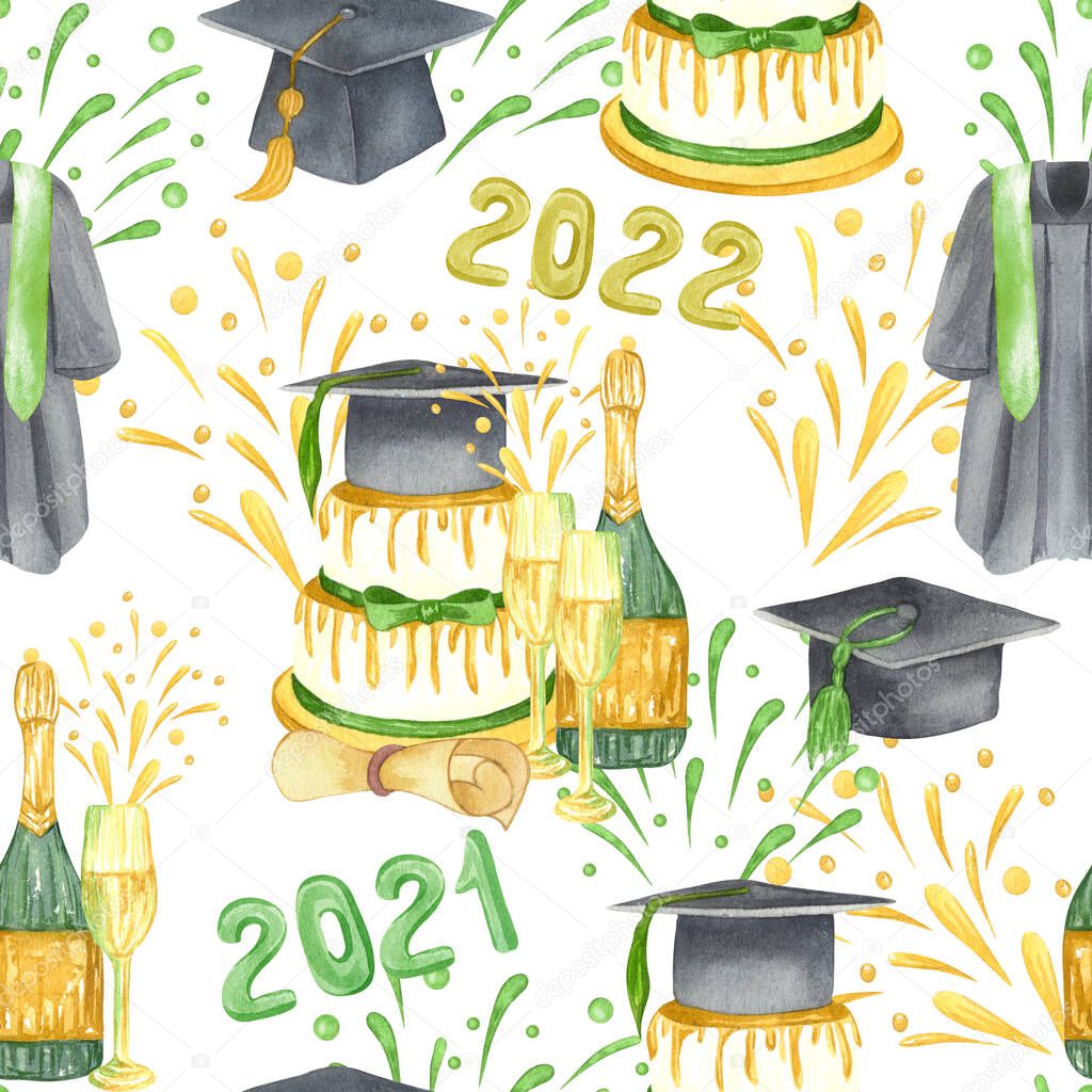 Graduation seamless pattern. graduation cap, flowers and stack of books. Hand drawn school supplies background