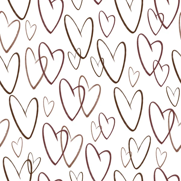 Watercolor seamless background with brown hearts. Heand drawn abstract elements. — Stock Photo, Image