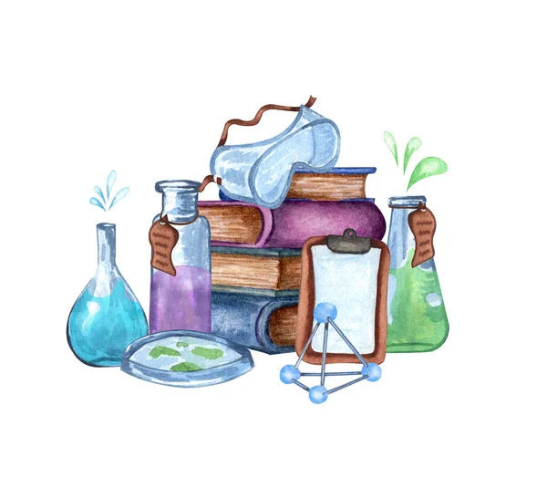 Matériel de science de l'aquarelle de microscope, verre, outils de laboratoire. Illustration chimique dessinée main. Ensemble scolaire. — Photo