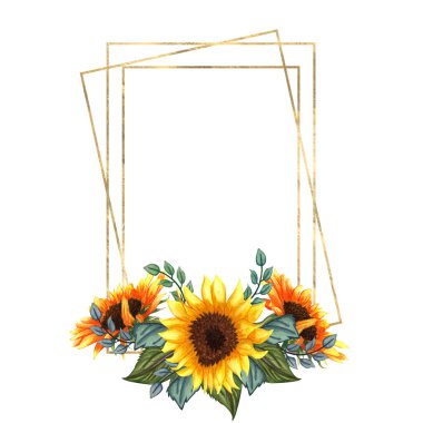 Ayçiçekleri, yapraklar, yapraklar, yapraklar, dallar, eğreltiotu yaprakları ve metin için yer içeren suluboya çelenkler. Düğün için mükemmel, alıntılar, doğum günü, boho tarzı, davetiyeler, tebrik kartları, yazıcılar, bloglar.