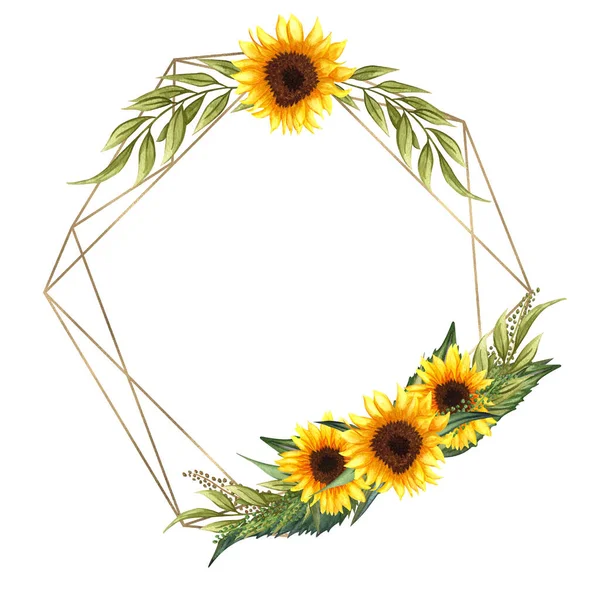 Corona floral de acuarela con girasoles, hojas, follaje, ramas, hojas de helecho y lugar para su texto. Perfecto para bodas, citas, cumpleaños, estilo boho, invitaciones, tarjetas de felicitación, impresión, blogs. — Foto de Stock