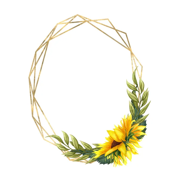 Corona floral de acuarela con girasoles, hojas, follaje, ramas, hojas de helecho y lugar para su texto. Perfecto para bodas, citas, cumpleaños, estilo boho, invitaciones, tarjetas de felicitación, impresión, blogs. — Foto de Stock