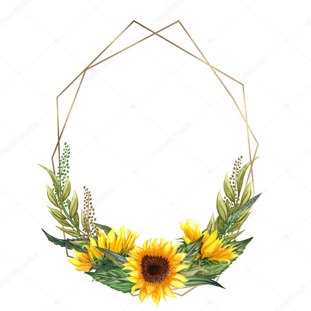 Watercolor floral wreath with sunflowers,leaves,foliage,branches,fern leaves and place for your text. Perfect for wedding, quotes, Birthday, boho style, invitations, greeting cards, print, blogs.