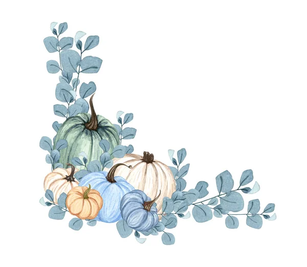 Watercolor frame with autumn pumpkins. Floral arrangement with blue ad white pumpkins and dried twigs. Harvest Wreath. — Stock Photo, Image
