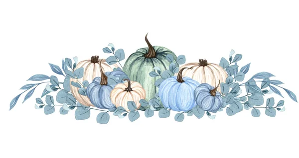 Acuarela composición de calabaza azul, calabazas florales, arte clip de Halloween, elementos de diseño de otoño, arreglo de otoño, arte clip de cosecha aislado sobre fondo blanco —  Fotos de Stock