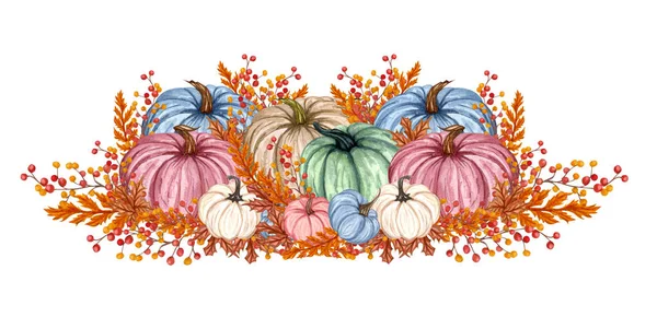 Akvarel růžová a modrá dýně složení, květinové dýně, Halloween klip art, podzimní design prvky, podzimní uspořádání, sklizeň klipy izolované na bílém pozadí. — Stock fotografie