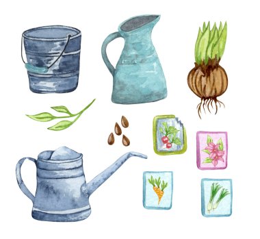 Suluboya bahçe eşyaları, sulama kutusu, saksı, bitki, tohum. Bahçe aletleri. Bahar bahçesi çizimi.