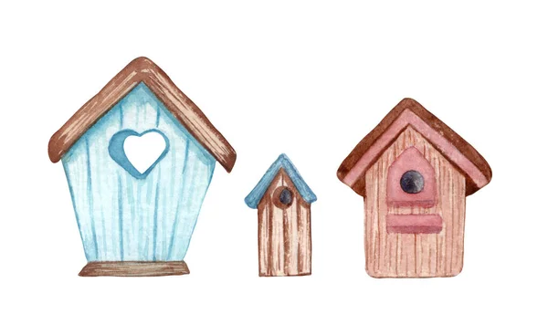 Three cute little birdhouses on white background. Watercolor wooedden decorative house — стоковое фото