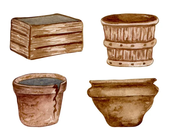 Acquerello vasi da giardino su sfondo bianco. Vasi di legno marrone e cestino. Clipart di giardinaggio — Foto Stock