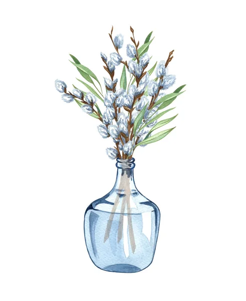 Watercolor bunch of pussy willow twigs in a glass vase. Spring bouquet. Easter decorations. Hand drawn illustration isolated on white background. —  Fotos de Stock