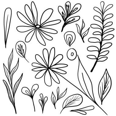 Çeşitli çiçekler, yapraklar ve kelebekler içeren karalama çizimi koleksiyonu. Çiçek karalama seti